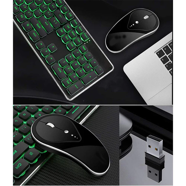 충전식 무선 키보드 및 마우스 콤보 방수 2.4G 무선 사운드리스 마우스 (노트북 용 나노 USB 수신기 포함)