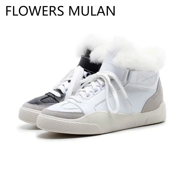 

Fashion High Top Sneakers Patchwork Leather Mesh Upper Winter Boots For Women Warm Long Plush Lining One Belt Buckle Zapatos