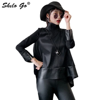 

Streetwear Leather Blouses Women Spring Turtleneck Long Sleeve Sheepskin Genuine Leather Shirts Concise Female A Line Top Shirts