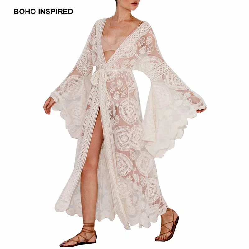 Богемный Вдохновленный цветочный принт, рукав-колокол, кружевное макси платье, Летняя туника, богемное праздничное кимоно, пляжные платья, vestidos