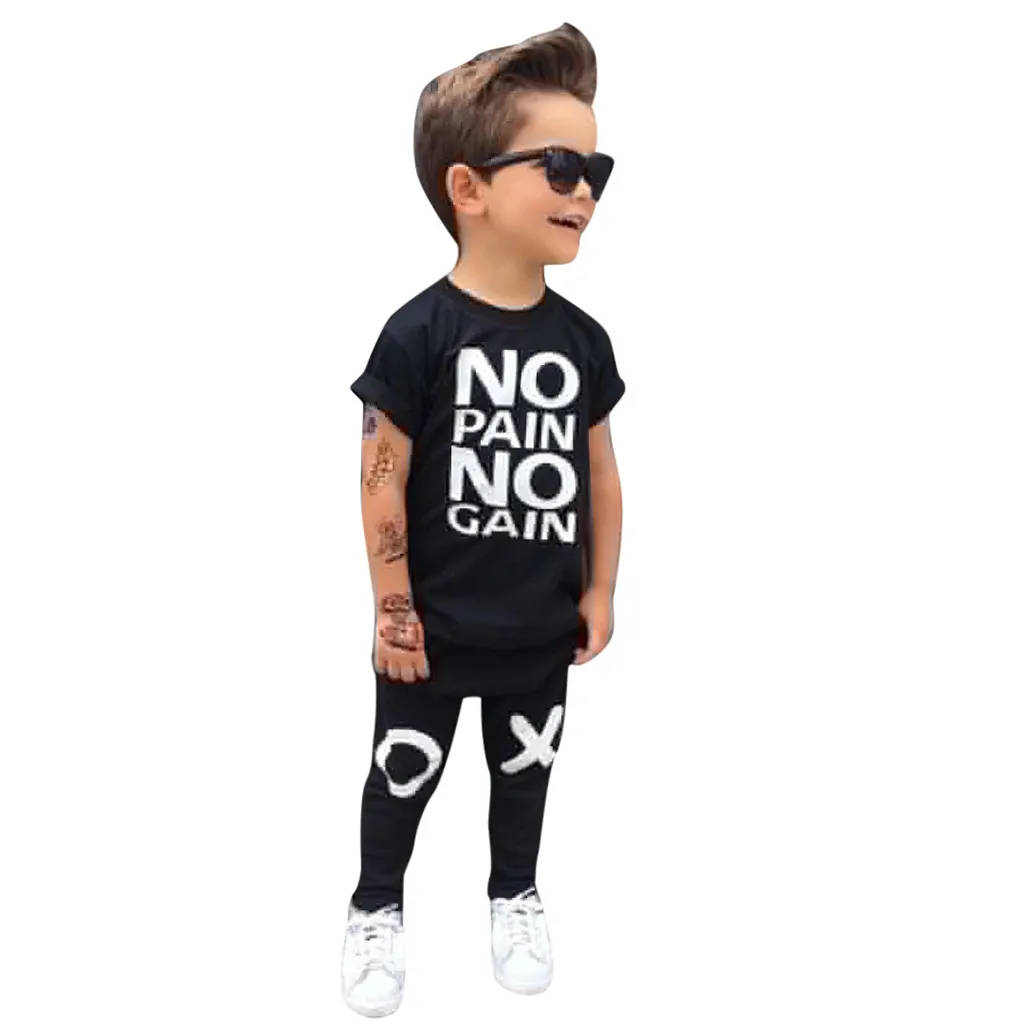 Cool Baby Boy Kids Clothes No Pain No Gain Print Tops T-shirt Short Sleeve+ Pants Casual 2pcs Outfits Set Summer Kids Clothing