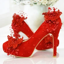 EU35-41 Plus Größe Frauen Plattform High Heels Rote Spitze Schmetterling Perlen Braut Hochzeit Schuhe Frau Vintage Party Prom Pumpen