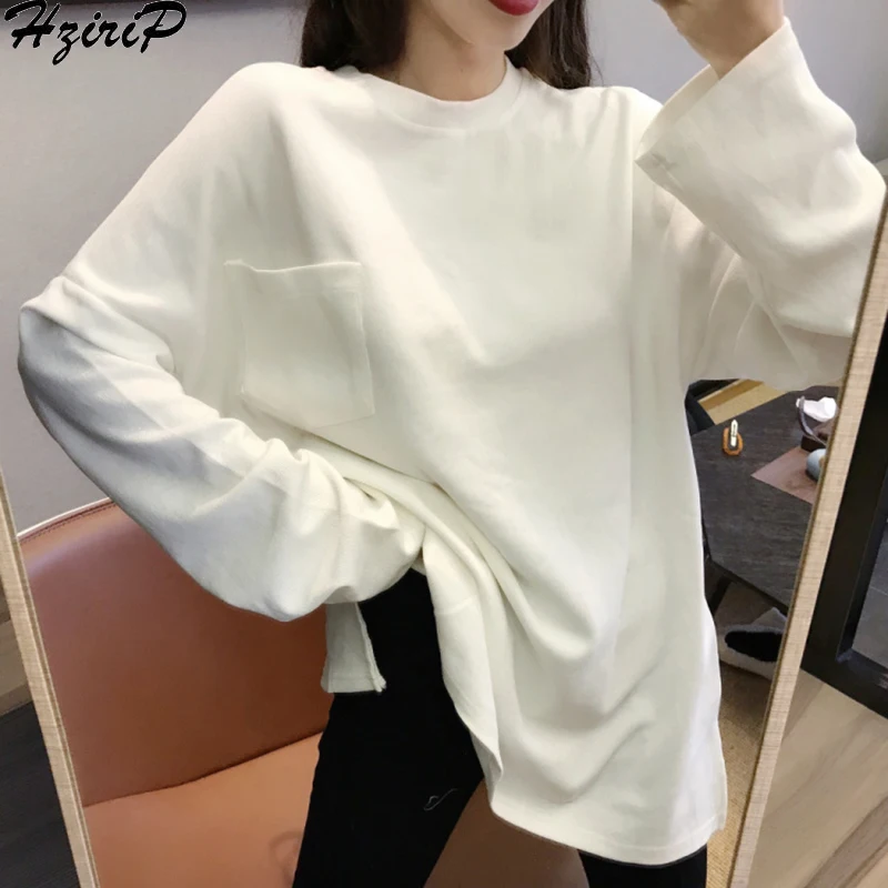 

HziriP Women T-shirts New 2019 Loose Korean Chic Pocket Slim Solid All-Match O-Neck Casual Cotton Tops Preppy Style 3 Colors