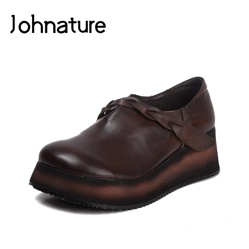 

Johnature 2019 New Spring/Autumn Wedges Genuine Leather Round Toe Hook & Loop Casual Sewing Retro Platform Women Shoes Pumps