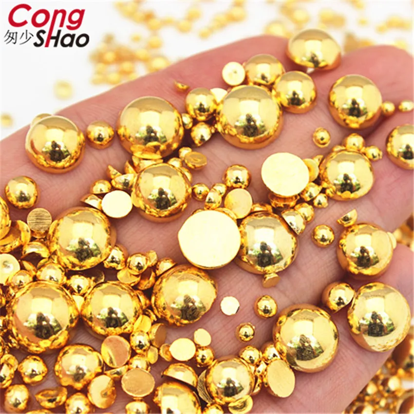 JUNAO 4 6 8 10 12mm Gold Flatback Pearls Half Round Rhinestone Imitation  Pearl Loose Plastic Beads Crystal Stone Stickers