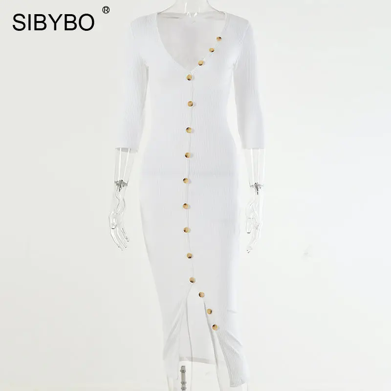 SIBYBO ребристые спереди сплит сексуальное длинное платье женское с v-образным вырезом 3/4 рукав осенние вечерние платья Твердые пуговицы хлопок женские повседневные платья - Цвет: Белый