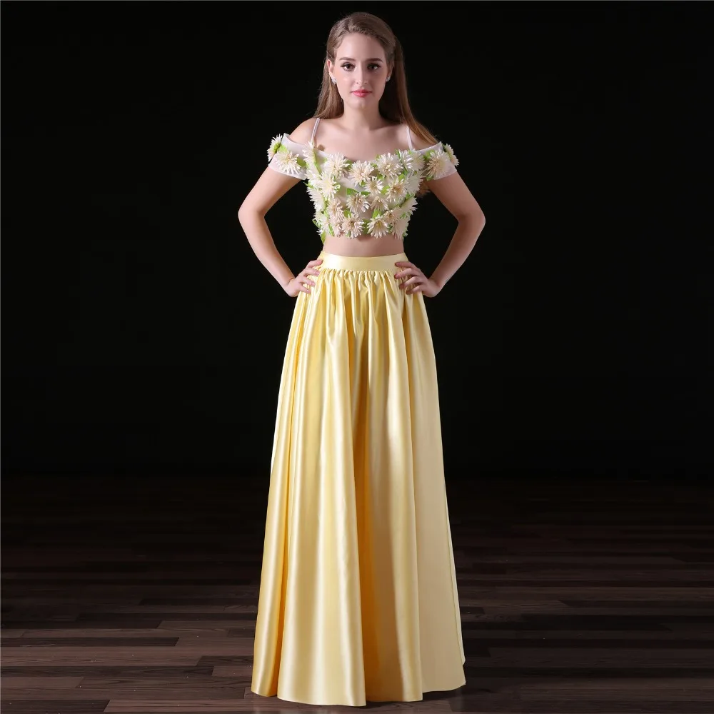 JaneVini Очаровательная линия плюс Размеры желтые платья подружек невесты Атлас 3D цветы с плеча из двух частей платье для выпускного вечера