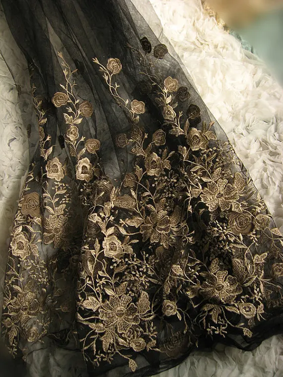 

6 yards Black Embroidered Lace Gauze Fabric, Retro Gold Florals lace fabric, Baroque lace fabric