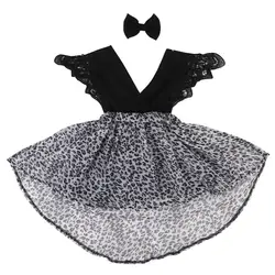 Мода для новорожденных Обувь для девочек Дети Летающий Кружево рукавами в стиле пэчворк леопардовый комбинезон платье праздничное платье