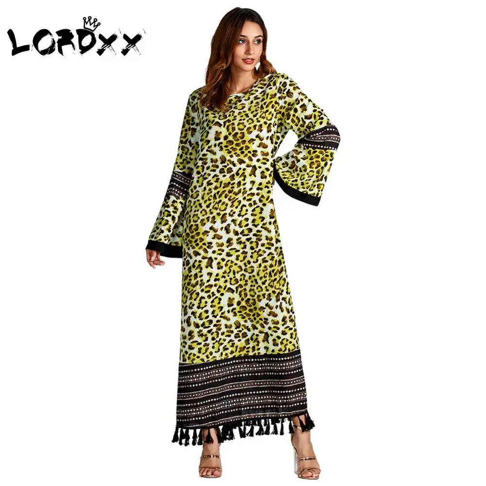 LORDXX Fashion Muslim Adult Robe Leopard Malaysia Ramadan Abaya Tassel Kaftan Dress...
