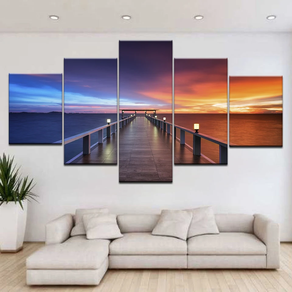 

Canvas Wall Art Prints Poster Home Decor 5 Pieces Beautiful Sunset Bridge Natural Scenery Paintings Lake Pictures Modular Frame