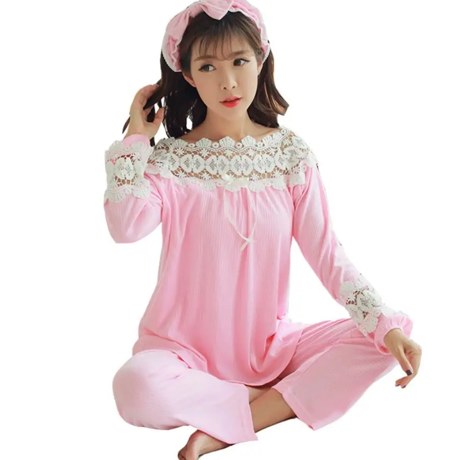 Long Sleeve Nursing Pajamas Suit Lace Maternity Sleepwear Set for