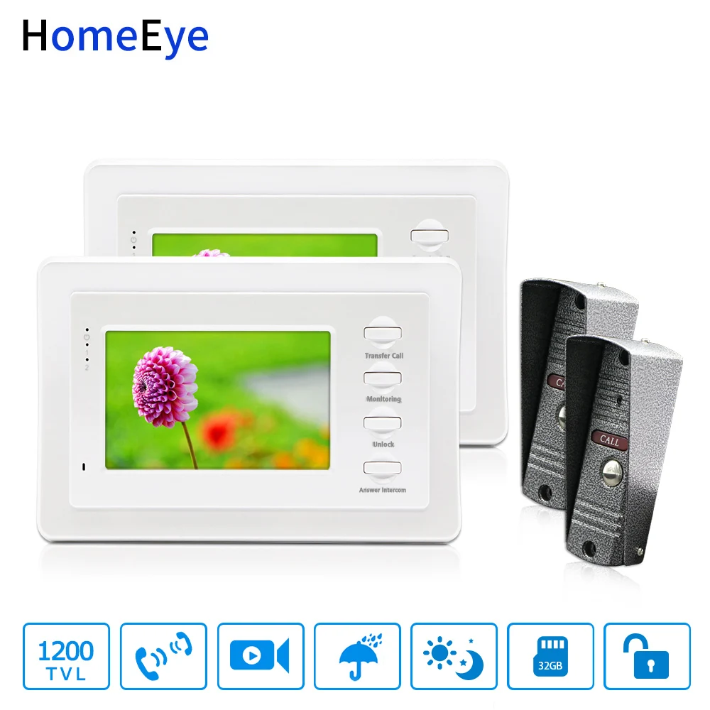 2-2 Video Door Phone Video Intercom Doorbell 1200TVL Camera Indoor Monitor Door Control Access System Security Motion Detection