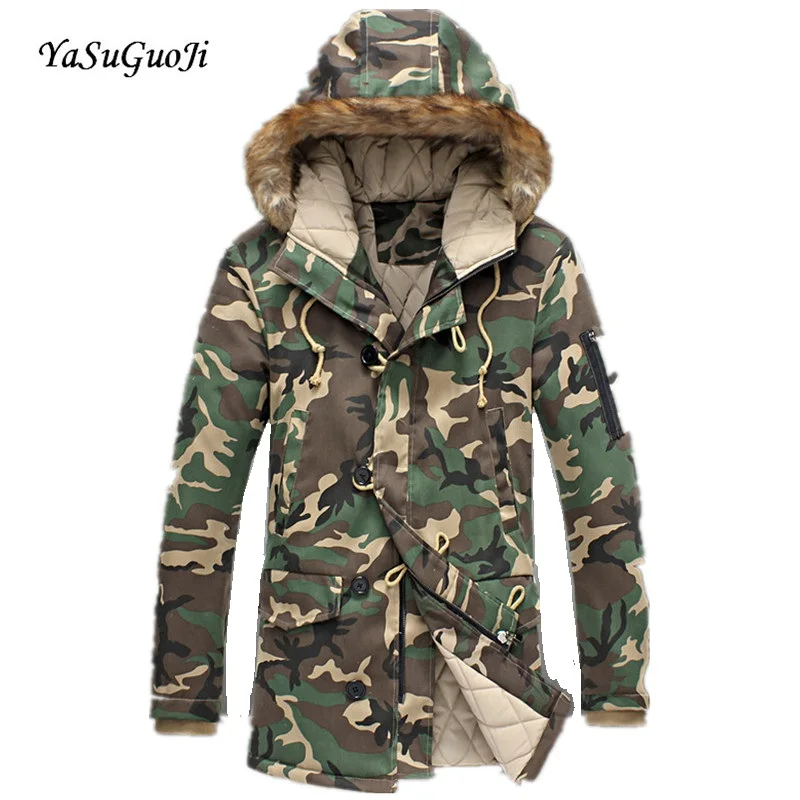 

Fashion camouflage parka men military medium-long Men's Clothing thickening cotton-padded winter jacket men with fur a hood/MDY3