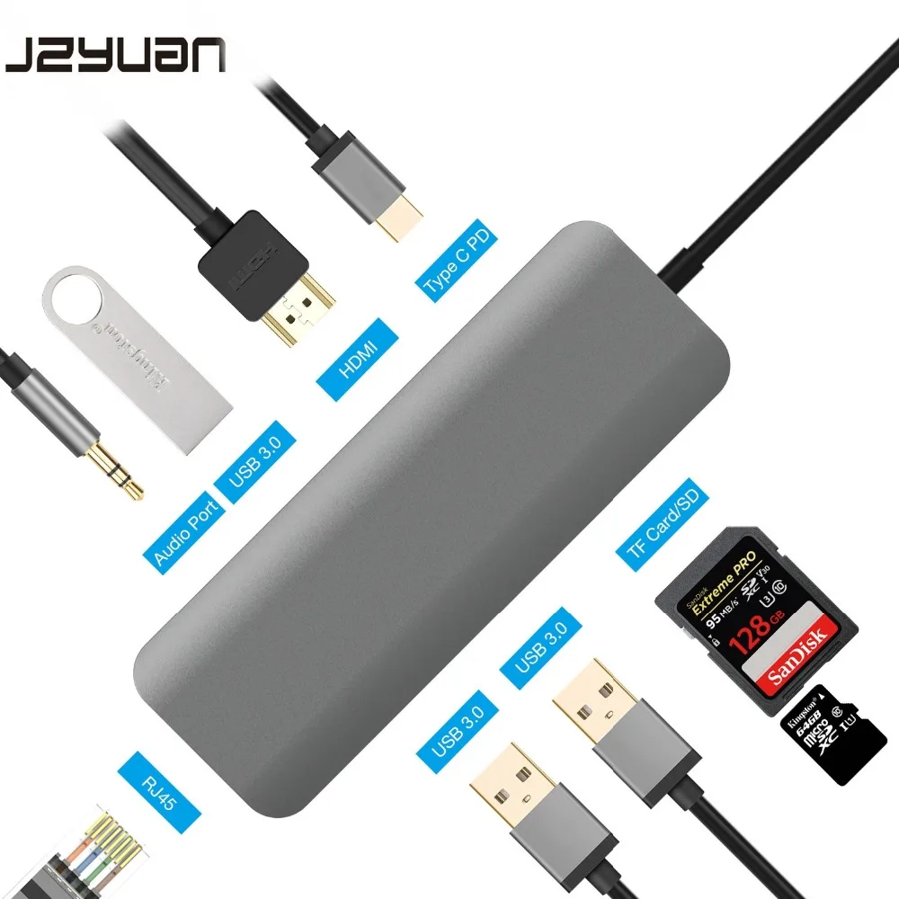 

JZYuan USB HUB USB 3.0 HUB to HDMI Ethernet Thunderbolt 3 Type C Charging port For MacBook Pro Huawei P20 Pro mult USB HUB 3.0