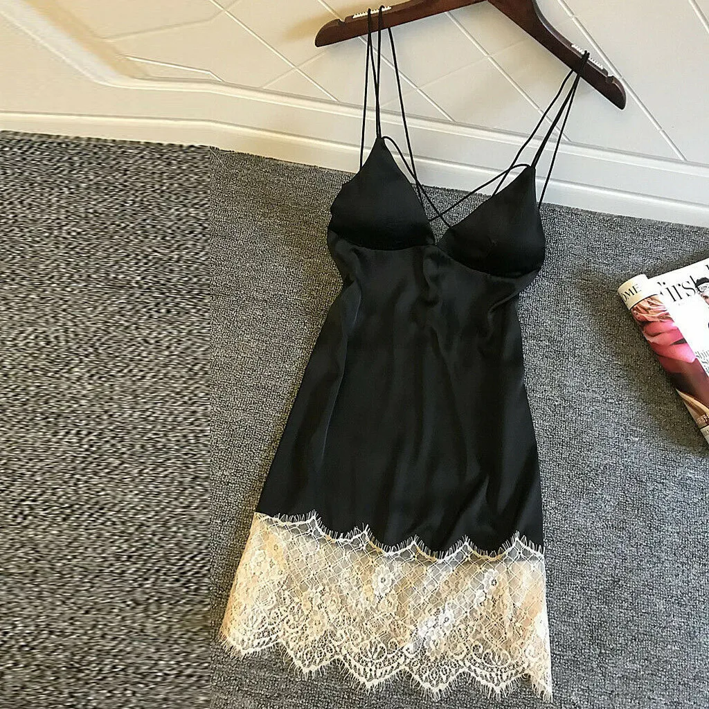 

Sexy Night Dress Women Nightgown Sexy Nightwear Lace Patchwork Camisola Lingerie Night Silk Dress Sleep Wear Nightdress Clothes
