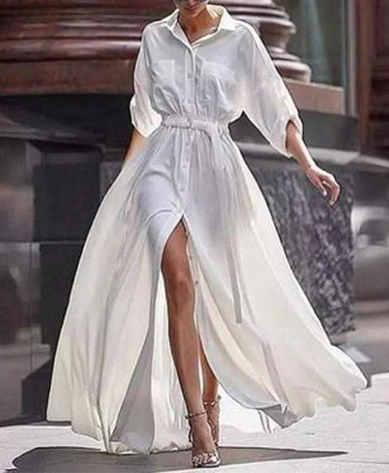 2018-Nova-Moda-Vestido-Longo-Branco-Bot-o-Turn-Down-Collar-Dividir-Maxi-Vestido-Bohemian-Meia