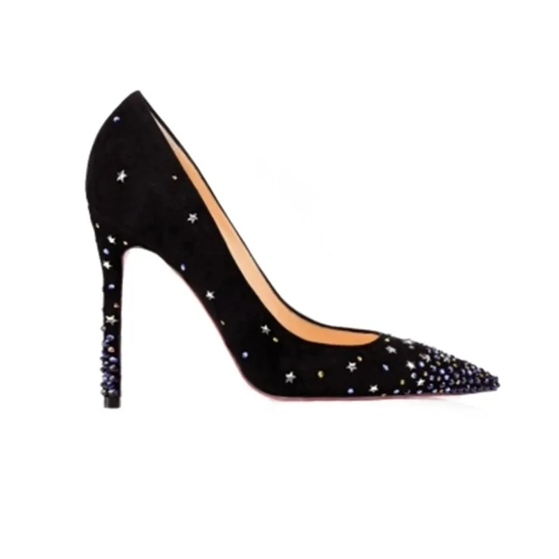 

2018 new European and American black sexy high with pointed shoes Shallow mouth drill with a single shoe