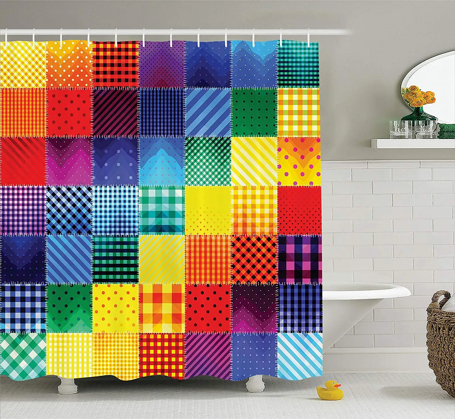 Abstract Shower Curtain Rainbow Colored Square Shaped Diverse Patterns