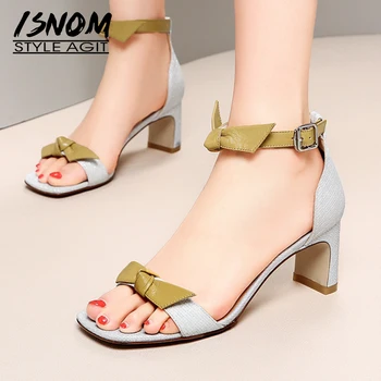 

ISNOM High Heels Sandals Women Open Toe Butterfly Knot Footwear Ankle Strap Sandals Shoes Female Glitter Shoes Woman Summer 2019