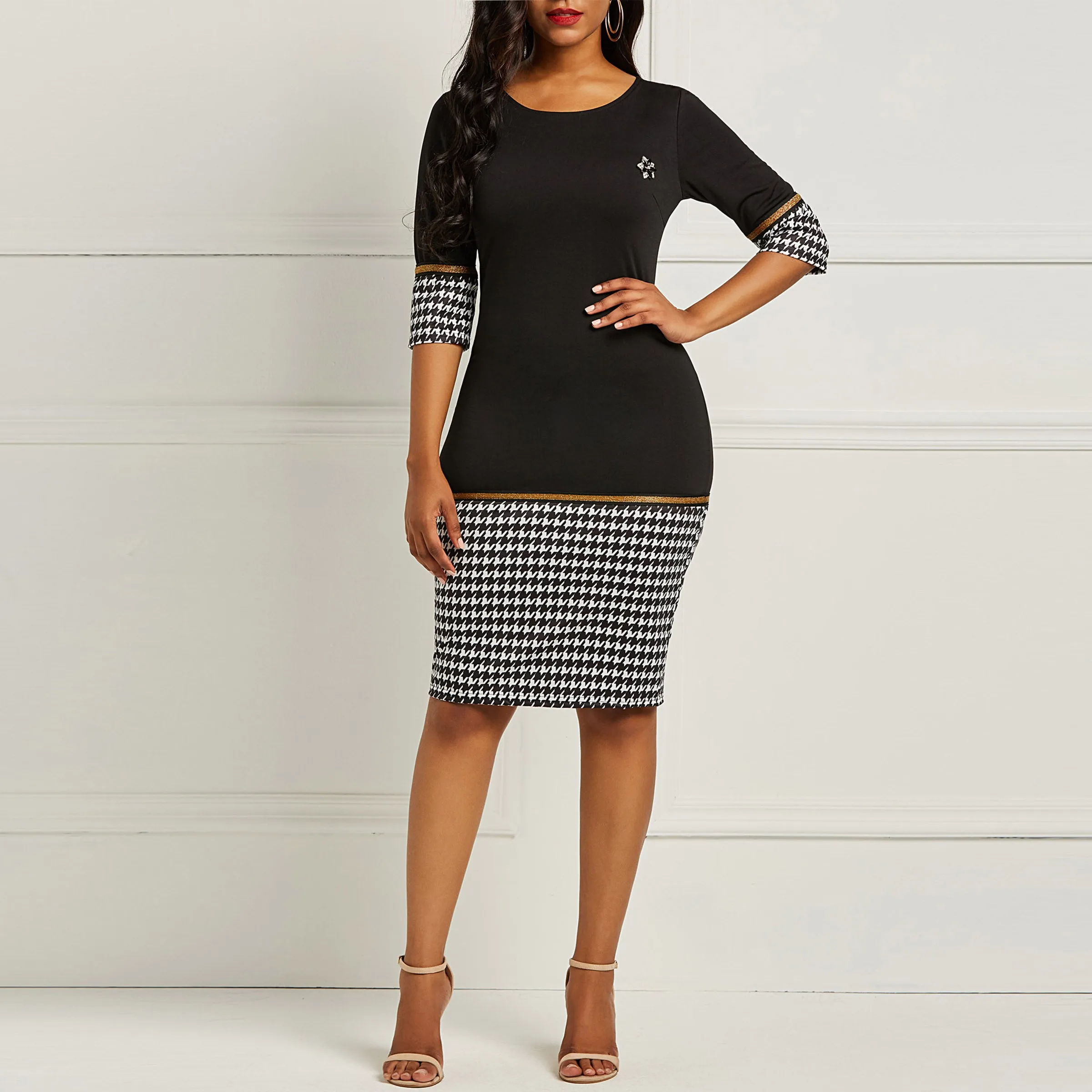 2018 Sexy Black Office Lady Preppy Style Women Dresses Bodycon Pullover Color Block Plaid Print Female Fashion Black Dress