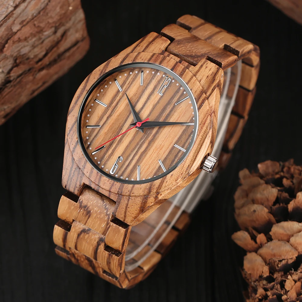 Full Wooden Zebra Pattern Wrist Watch Simple Handmade From Bamboo Wood Fold Clasp Bangle Quartz Watches Casual Mens Watch  1 (5)