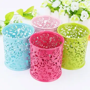 

Hollow Metal Pen Holder Storage Organizer Rose Flower Pen Case Pencil Stand Container Stationery Study Round Pen Holders