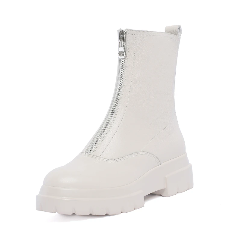 

New Women Cow Leather Med High Heels Autumn Winter Martin Shoes Woman Round Toe Motorcycle Boots Short Basic Boots DR-B0032