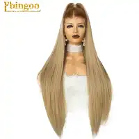 Ebingoo เส้นใยอุณหภูมิสูง Peruca ฟรียาวตรงผมยาววิกผมสีน้ำตาล Ombre สีบลอนด์ผู้หญิงวิกผมสังเคราะห์ลูกไม้ด้านหน้าด้านหน้า