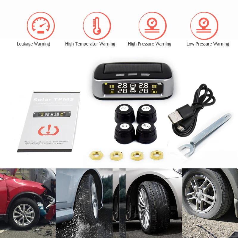Solar Power USB TPMS Car Tire Pressure Monitoring System LCD Display 4 External Sensors for VW Toyota SUV Temperature Warning 6