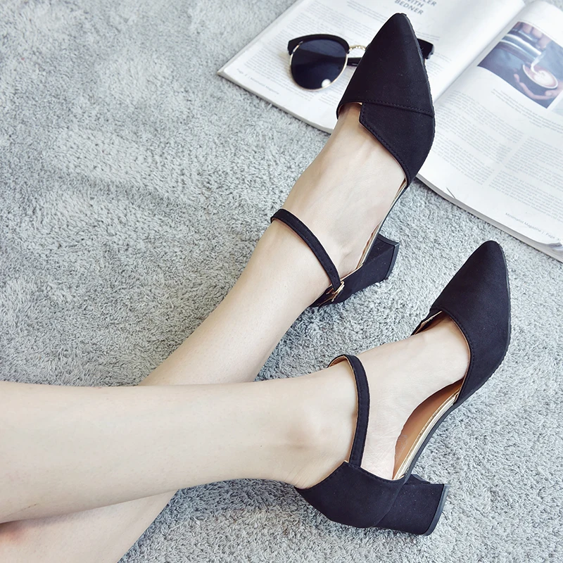 2019 summer new hollow shallow mouth high heels pointed wild suede word with thick with female sandals