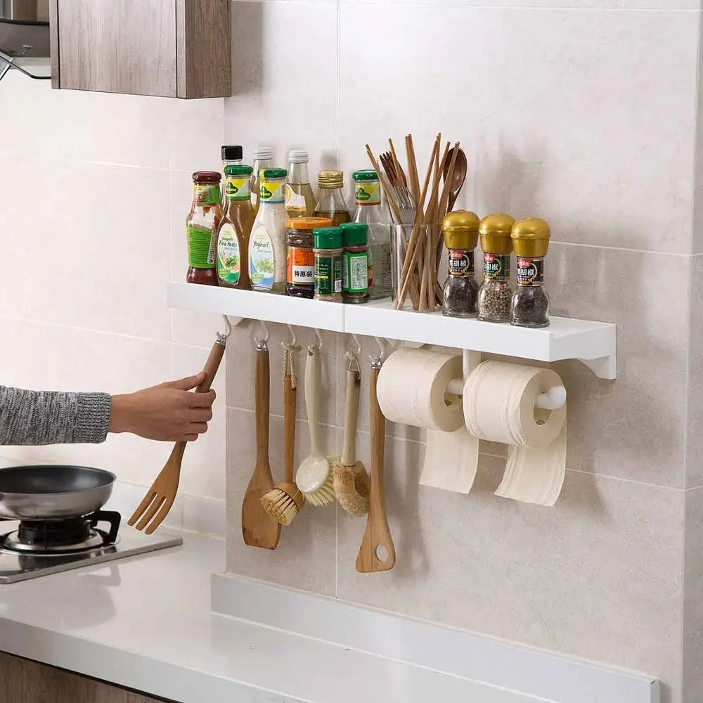 

Wall Puch Free Storage Shelf Kitchenware Spice Storage Racks Bathroom Cosmetic Organizer With Towel Napkin Sponge Holder