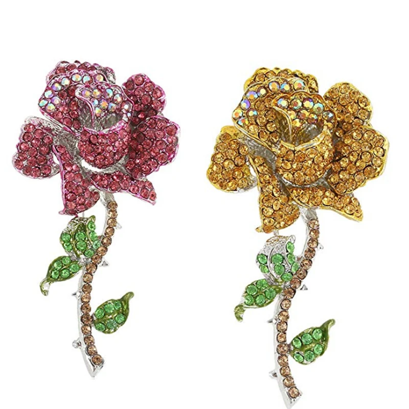 Crystal Rose Flower Brooch Pin Rhinestone Alloy Rose plant Brooches Birthday Gift Garment Accessories