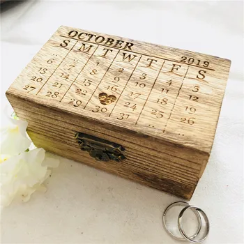 

Personalized Wooden Wedding Ring Box, Unique Wood Calendar Box with Heart Tag Inside, Wedding Gifts Holder Box Supplies