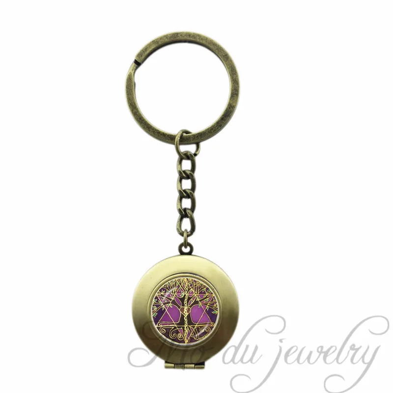 

Gold Hexagram Locket Key Chain Ring "Tree of Balance" Glass Cabochon Locket Pendant Keychain Jewish Star, Israel Key Chains