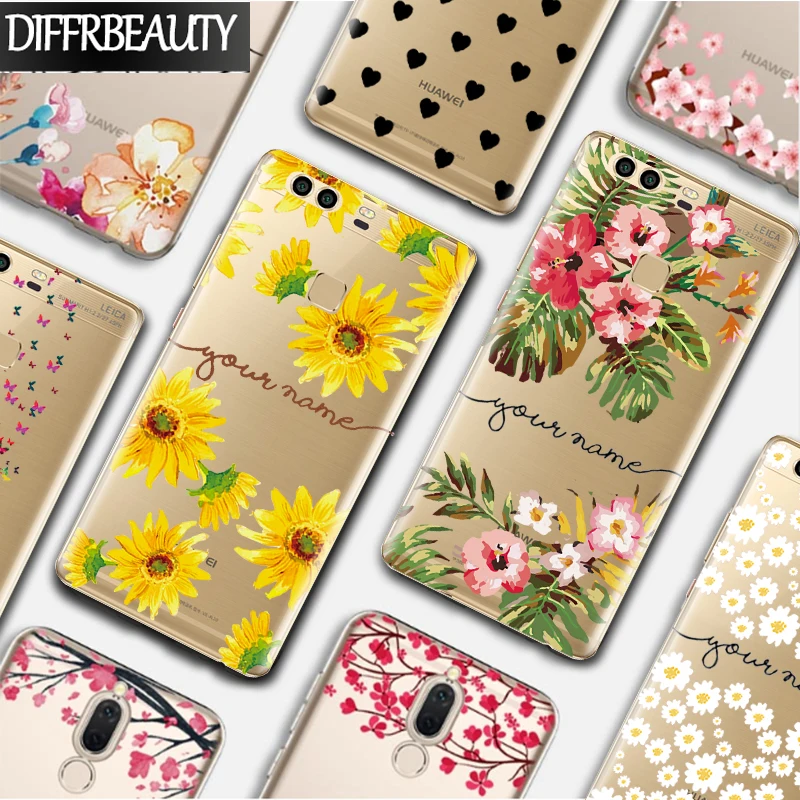 

DIY Flower Name Custom Phone Case For Huawei P10 lite P8 P9 P20 pro mate 10lite Customized Print Soft Transparent Silicone Cover