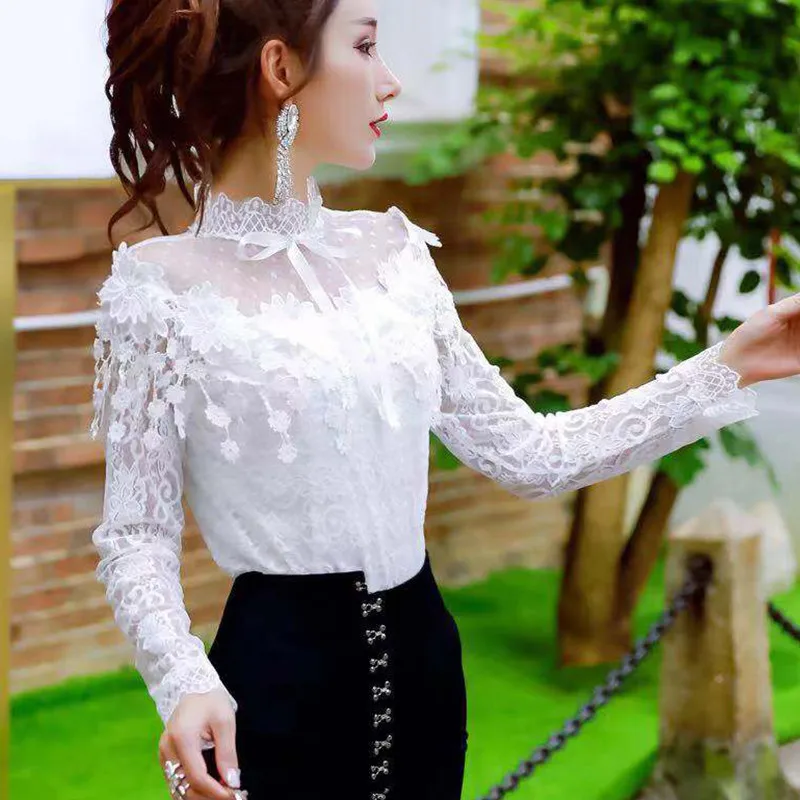  Spring Women Long Sleeve Shirt Sweet Tie Bow Floral Lace Blouse Female Hollow Out Tassel Mesh Blous