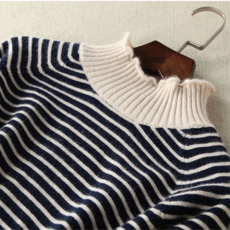 

Winter Turtleneck Cashmere Wool Striped Sweater Pullovers Long Sleeve Ruffled Collar Women 2018 Spring Sweaters Knitted Jumpers