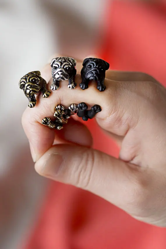 

Min 1PC YaciKopo Handmade Pug Dog Ring Black Silver Golden Gift