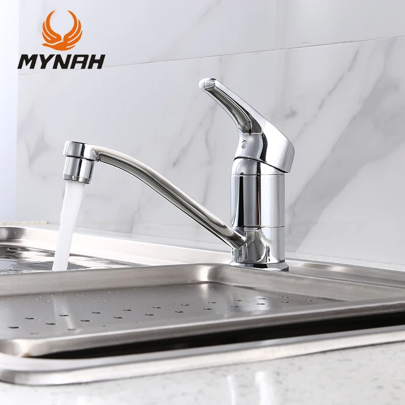 MYNAH Polished Deck Mounted Kitchen Faucet Single Handle Single Hole Chrome Faced Kitchen Mixer Tap