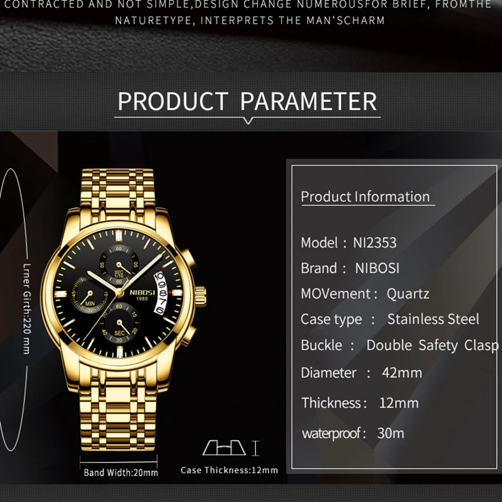 NIBOSI Men Watch Male Automatic Quartz Watches Mens Luxury Brand Waterproof Sport Gold Man Watch 2018 Clock Relogio Masculino