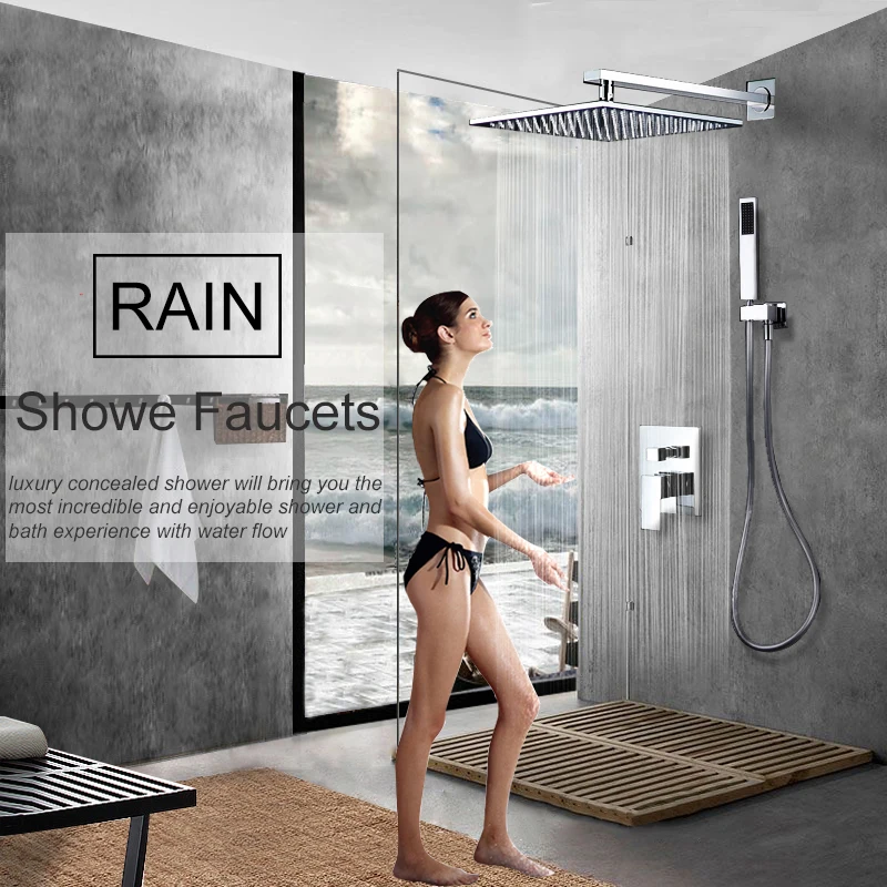 

Modern Wall Mount Exposed Shower Faucets Square Chrome Rainfall Shower Head Faucet With HandHeld Shower Sprayer Mixer