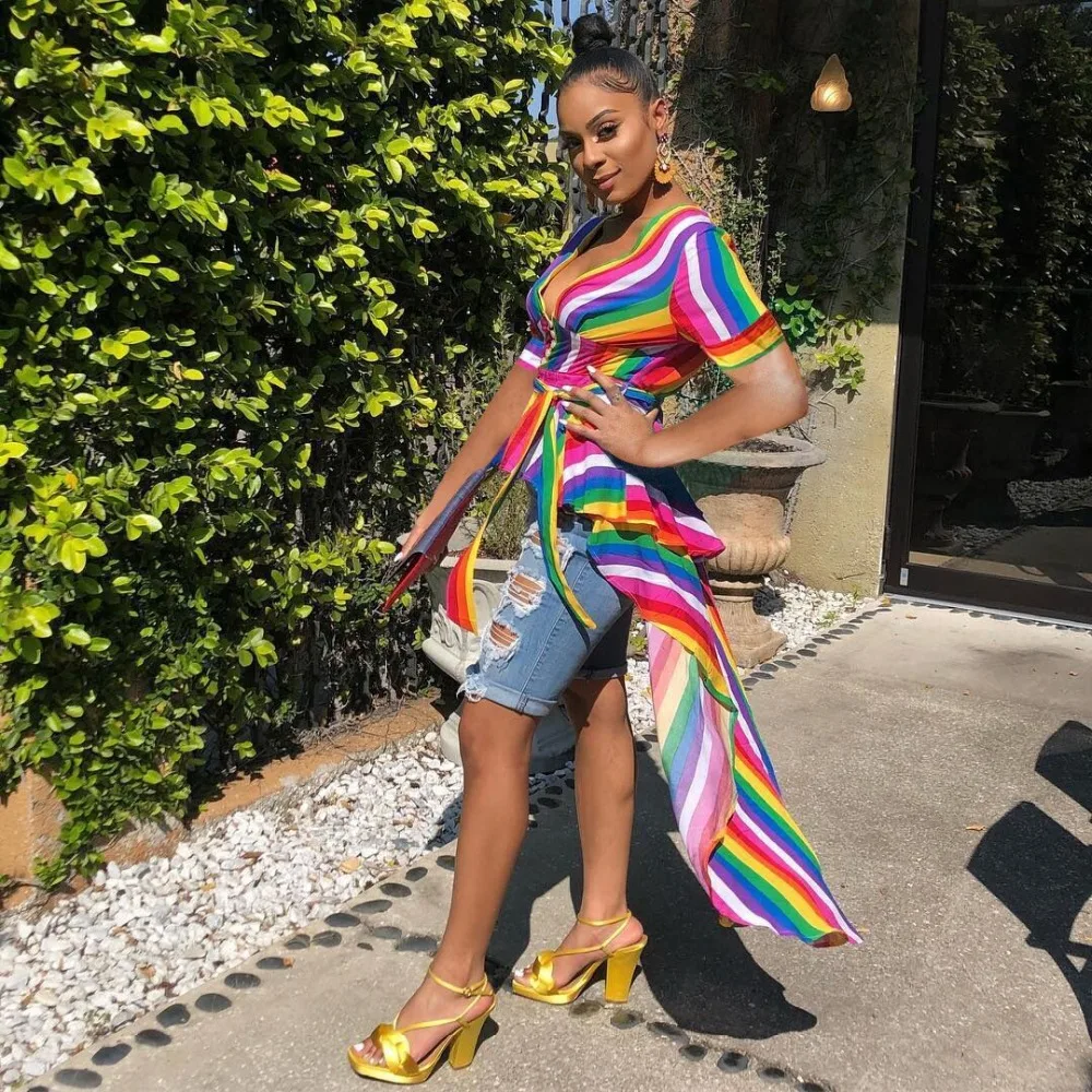 

2019 Fashion Short Deep V Rainbow Striped Ruffles Tails Bandage Tops Sexy T-Shirt