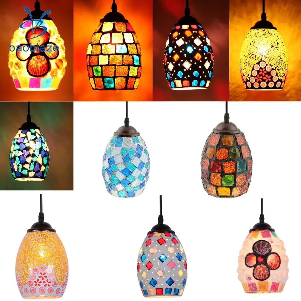 Vintage Retro Mosaic Style Multicolour Pendant Light Bulb Cage Ceiling Hanging Lampshade Home Bar Cafe Restaurant Decoration