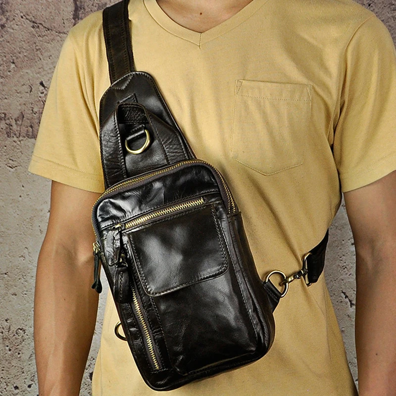 Genuine Leather Men Chest Bags Crossbody Multi Functional Shoulder