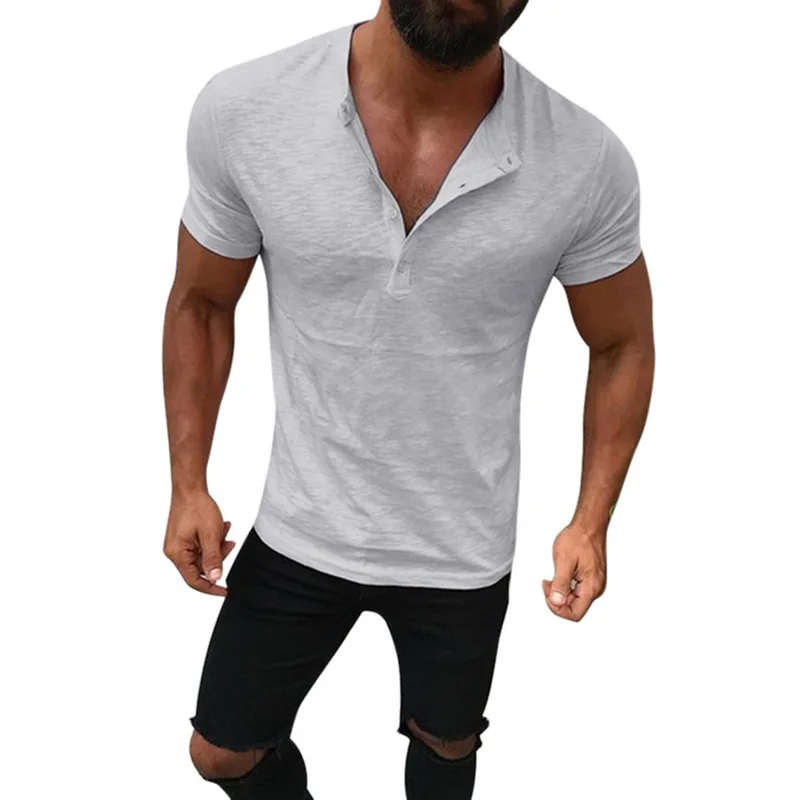 

Shujin Men Short Sleeve polo Shirt 2019 Summer Casual Male Cotton Linen Henry Collar Slim Fit Solid Shirt Chemise Homme polo