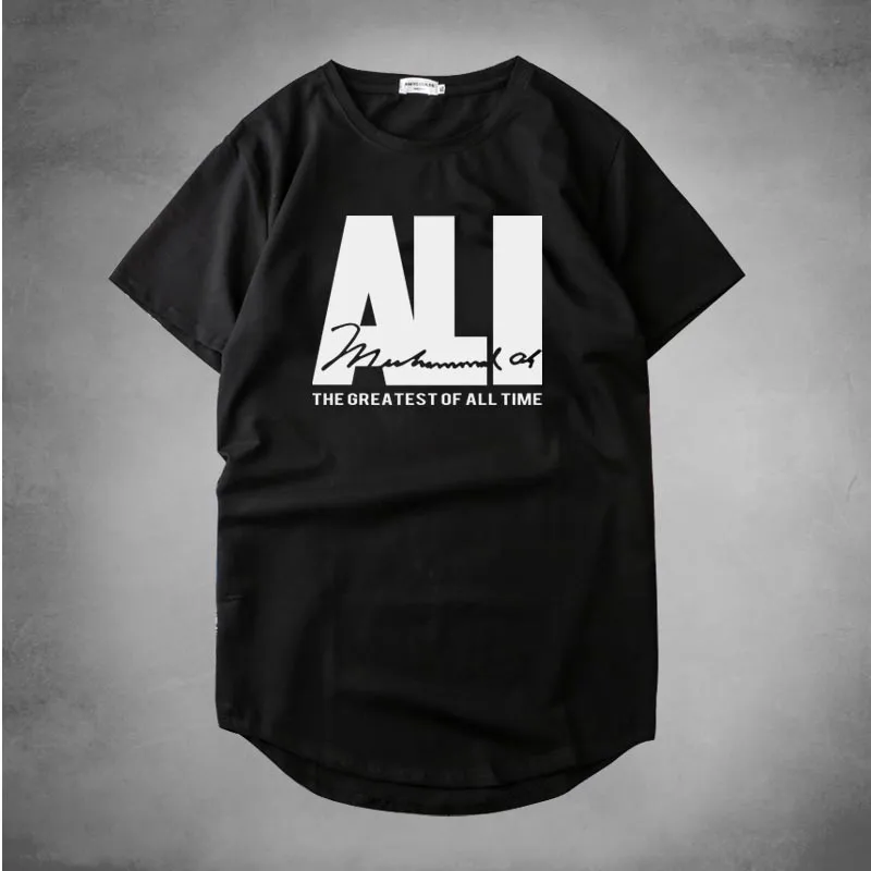 Хип-хоп стиль изогнутый подол Muhammad Ali Официальный лицензированный взрослых печатных футболки для мужчин хлопок Мода Camisetas футболки homme