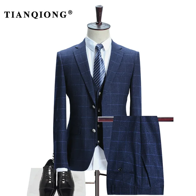 TIAN QIONG Mens Blue Plaid Suit 2018 Slim Fit Wedding Suits For Men