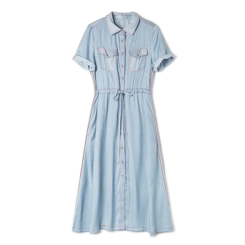 2019 Summer Fashion Denim Dress High Quality Women Turn-down Collar Red Color Block Stitch Bust Pockets Blue Jeans Dress Ladies