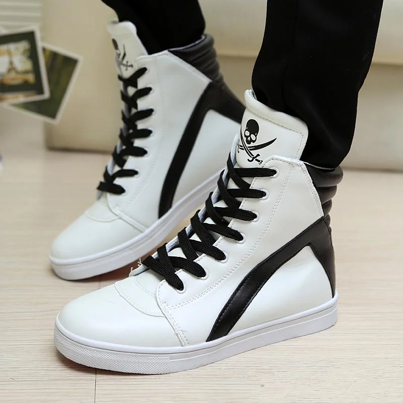 High-top British Style Men Shoes four seasons Lace-up Thicken Casual Black And White Skull zapatos hombre cool